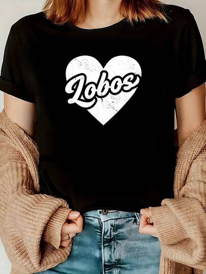 Vintage Lobos High School Spirit Go Lobos Love T-Shirt Women's Summer Crew Neck Vintage Printed T-Shirt