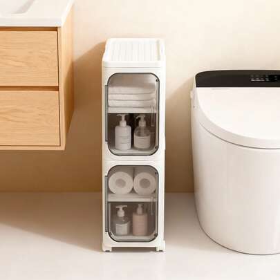 Slim Bathroom Cabinet | Freestanding Plastic Toilet Storage Unit 2 Tier With Door, Waterproof Rolling Trolley With Wheels For Bathroom, Kitchen & Entryway