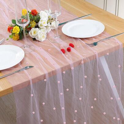 Pearl Valentine's Day Table Runner 10FT, 120 Inch Sage Green Boho Rustic Tulle Lace Table Runner For Spring Summer Birthday Bridal Shower Wedding Party Table Decoration