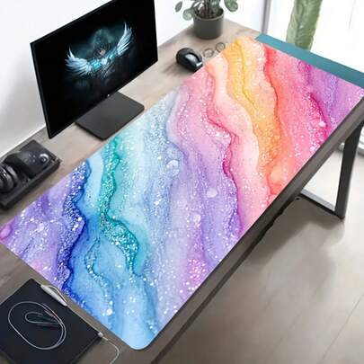 1 Extra-Large Gaming Mouse Pad With Rainbow Glitter Fluid Art Design, Non-Slip Washable Rubber Base, Large Desk Mat For Office Accessories, Computer Decor, Stain-Resistant Gaming Mouse Pad, Ideal Gift For Gamers, Extra-Long Desk Mat, Stylish Office