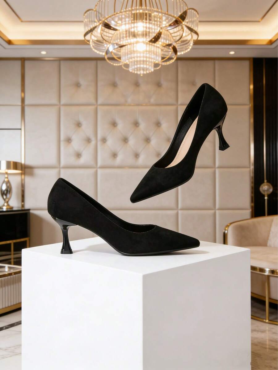 Zapatos de tacón alto negros para mujer, tacones de punta fina de ante, tacón delgado, para trabajo/vestimenta formal, talla 41, nueva llegada 2026 - Negro - Ver 1