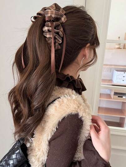 Retro Plaid Cloud & Banana Clip, Pleated Elegant Bowknot Ribbon Decor, Youthful Academic Style Ponytail Holder