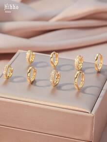 Hihho 8pcs Gold Tone Hoop Earrings With Cubic Zirconia, Minimalist Luxury Style Suitable For Daily Commute, Full Ear Stacking, Work Outfit, Light Social Occasions, Holiday Gifts - Earrings - View 6