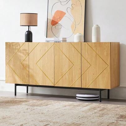 Sideboard Wohnzimmer, Buffet Schrank Mit 4 Türen Und Metall-Inlay – Vielseitige Kommode, Anrichte, Beistellschrank, Standschrank – Naturholz-Maße: H 78 Cm / B 160 Cm / T 40 Cm