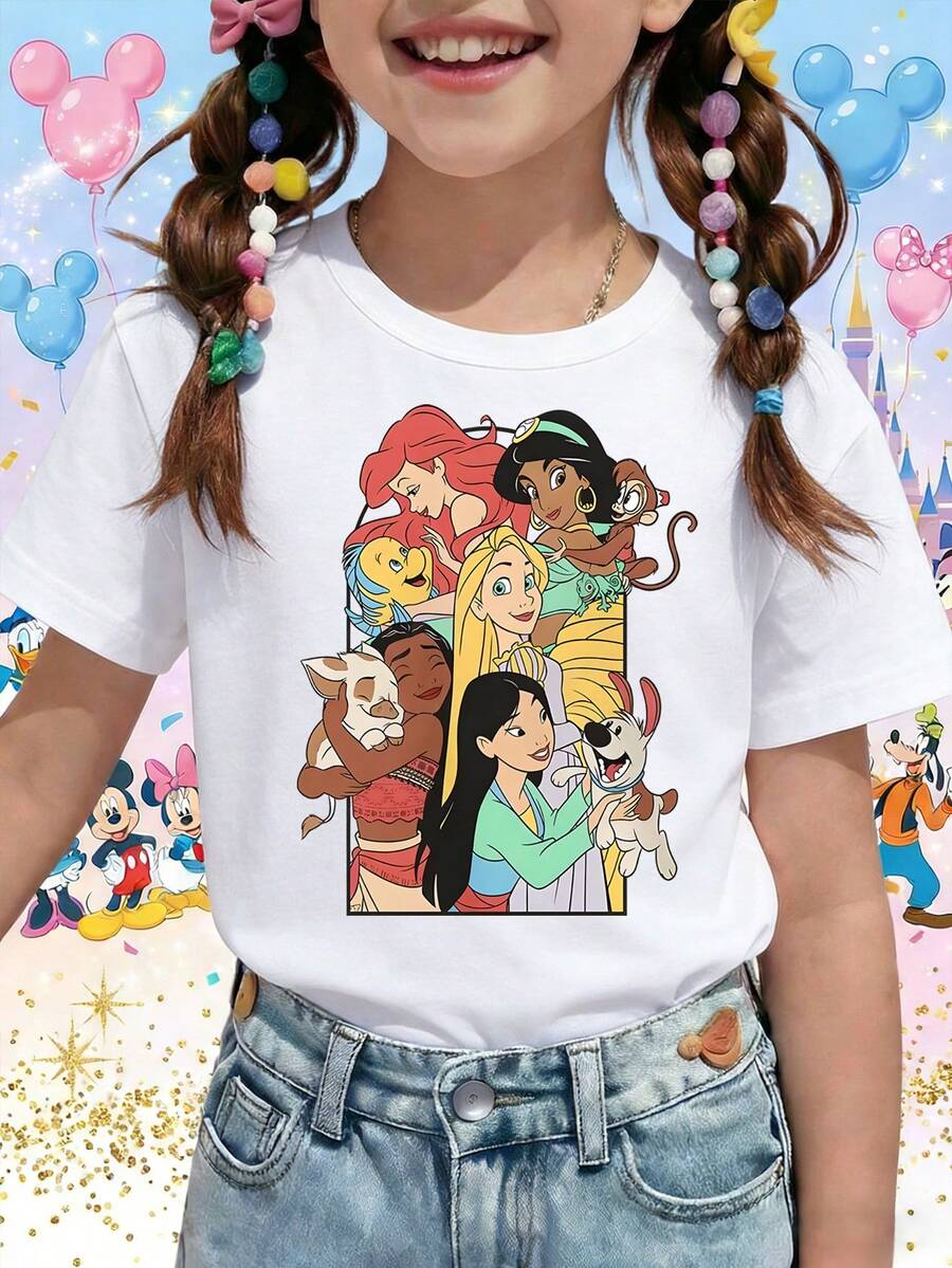 Disney Princess Squad Ariel Jasmine Rapunzel Moana Mulan Sidekicks Printed Pattern T-Shirts For Girls - Children's Clothing Design Short-Sleeved Casual And Cute Style Comfortable And Casual Wear All Year Round Suitable For Parties And Play Machine Washable Gift Children's Clothing Girls' Short-Sleeved Shirts - trắng - Xem 1