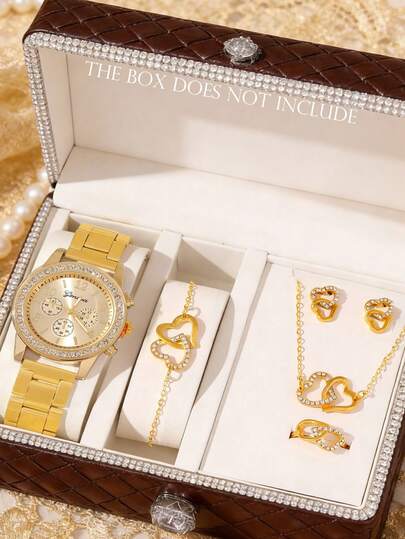 6件套女士石英表套装，经典圆形表盘搭配精致心形手链、项链、戒指和耳环，适合日常及特殊场合佩戴，是节日和生日的完美礼物，时尚配饰，工艺精湛，可个性化定制，是珠宝爱好者的理想之选。