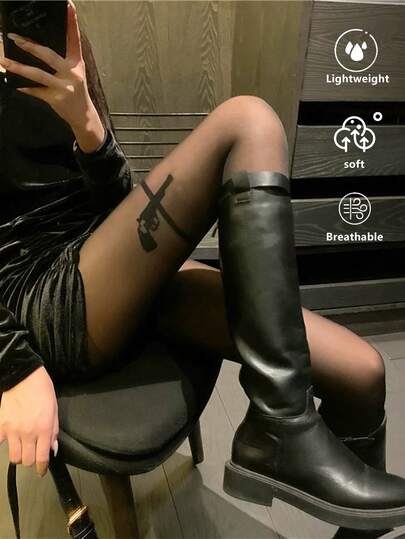 1 PC Black Sheer Tights For Women, Sexy Hot Girl Style With Gun Print Pantyhose