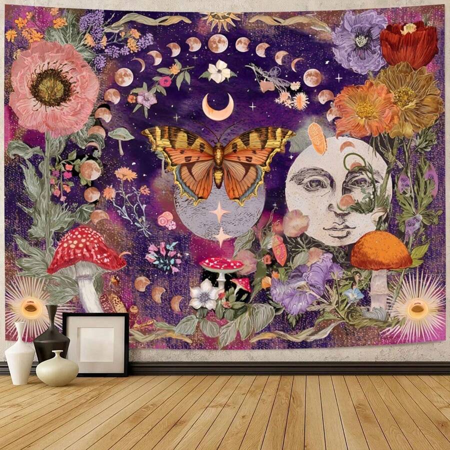 1pc Sun Moon Vintage Bohemian Tapestry, Floral Butterfly Dreamy Fantasy Landscape Design, Machine Washable Durable Polyester Fiber Fabric, Perfect Wall Decor For Living Room Bedroom Dorm, Bedroom Artwork Gift Idea - 1PC - 查看 1