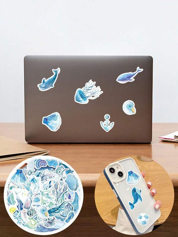 50 pegatinas de arte de acuarela de elementos del océano azul, pegatinas de animales del mundo marino, pegatinas de dibujos animados para equipaje y portátil, pegatinas de plantas marinas de vinilo, regalo de primavera