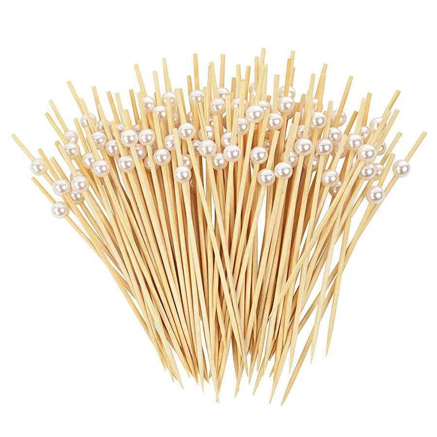20/50/100/200pcs Pearl White Bamboo Skewers, Fruit Picks, Snack Picks, Party Decoration Sticks, Disposable Party Supplies, Can Increase Holiday Atmosphere, Suitable For Birthday Party, Wedding, Back To School Season