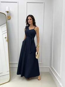 Women's Long Dress With Thin Straps And Bow, Elegant, Chic Party, Wedding, Graduation, Modest Fashion, Padded Bra. - Navy Blue - View 1