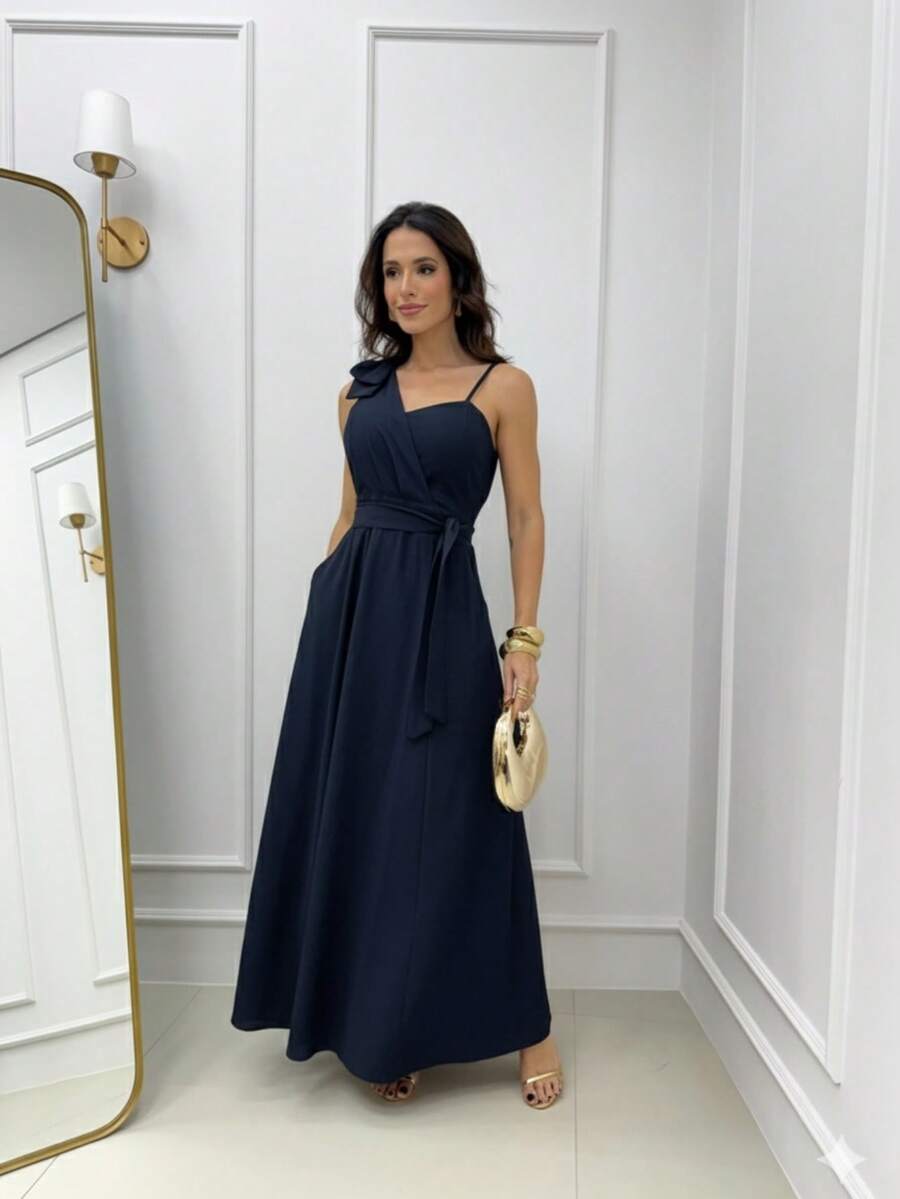 Women's Long Dress With Thin Straps And Bow, Elegant, Chic Party, Wedding, Graduation, Modest Fashion, Padded Bra. - Navy Blue - View 1