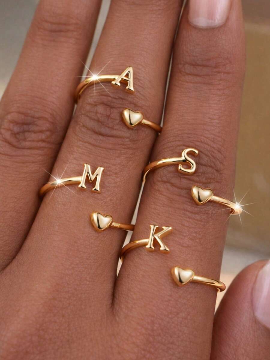 Tsnamer 14K Gold Plated Ring Waterproof Heart Letter Stackable Ring Gift For Women Girlfriend - Ring - View 1