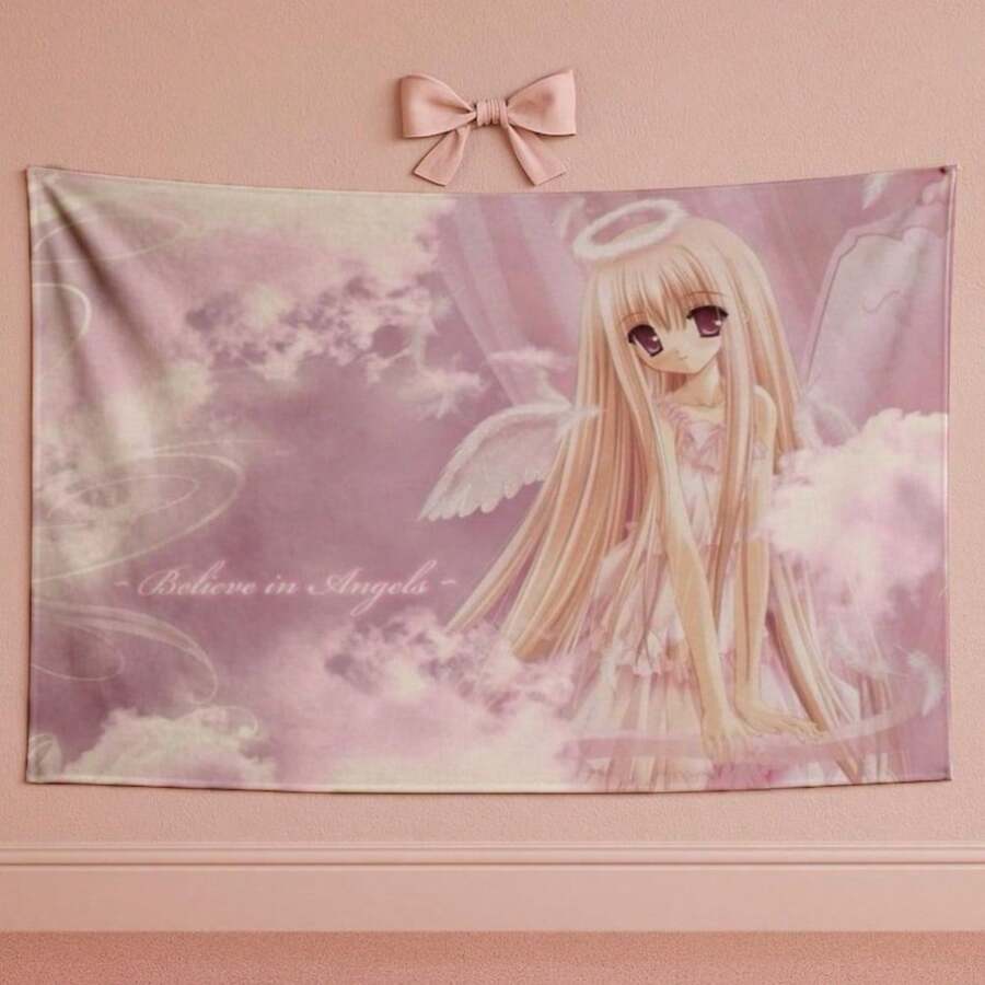 1pc Pink Angel Anime Tapestry 2D Flat Print Cute Kawaii Egirl Aesthetic Design Washable Polyester Fiber Lightweight Soft Durable Wall Hanging Art Fashion Pastel Style Tapestry Perfect For Bedroom Living Room Dorm Room Home Decoration Anime Fans Gift - 1PC - 查看 1