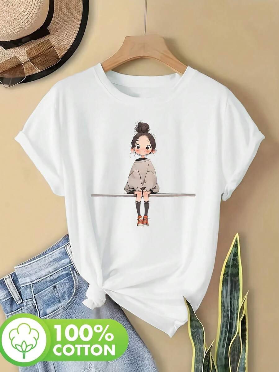 Women's Anime Graphic T-Shirt - Cute Japanese With Pigtails & Glasses Print, 100% Soft Round Neck Short Sleeve Casual Summer Spring Top, Kawaii Casual Attire For Conventions & Outfits, Convention Outfit, Playful Design, Quality Stitching, Print Shirt, Women - 白色 - 查看 1