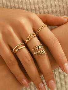 4pcs/Set Stainless Steel Hollow Leaf & Geometric Letter Rings, 18K Gold Plated, Women's Party Gift - Gold - View 2
