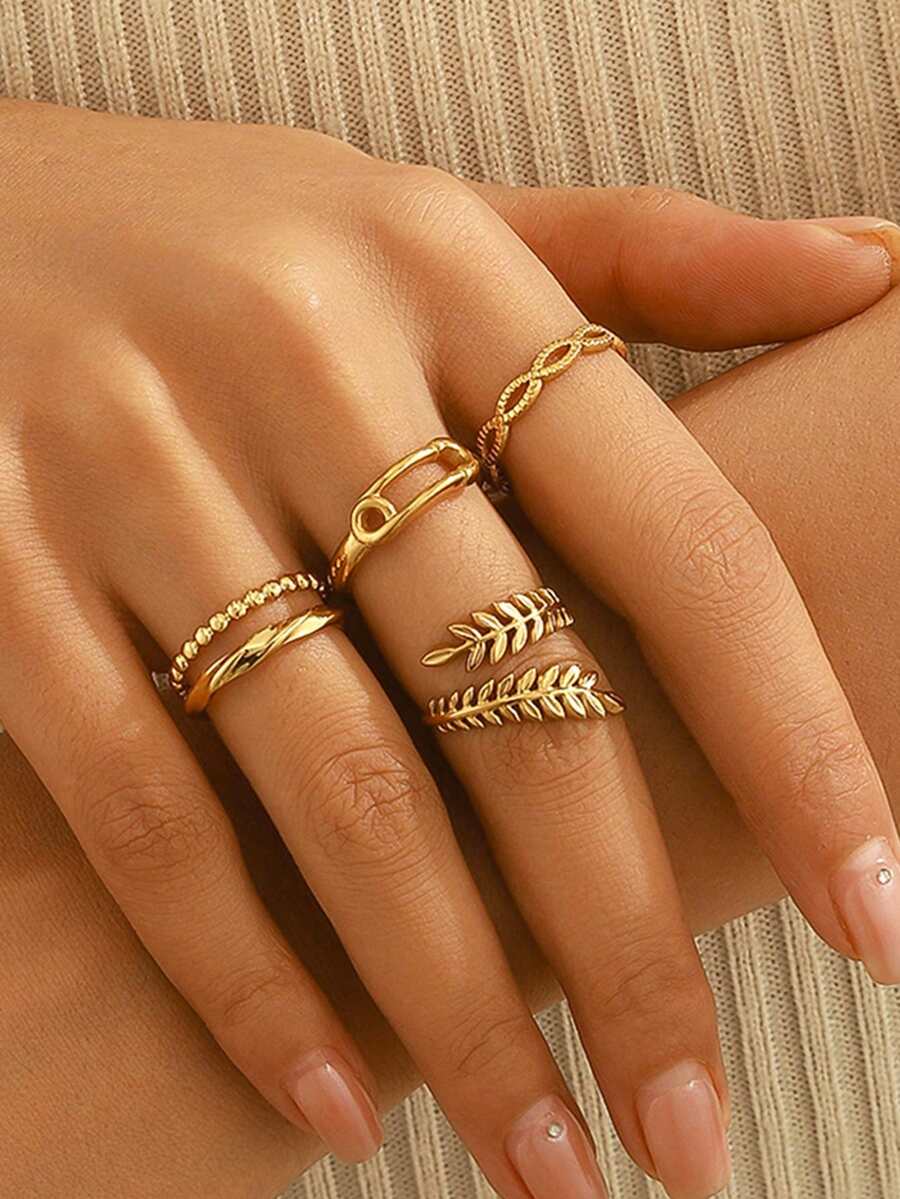 4pcs/Set Stainless Steel Hollow Leaf & Geometric Letter Rings, 18K Gold Plated, Women's Party Gift - Gold - View 1