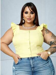 Women's Summer Plus Size Cropped Blouse With Ruffled Sleeves, Button Detail, Back Zipper, Curve Look, Sizes 44 To 54 - Amarillo suave - Ver 1
