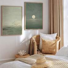 1/2 pieza/set Pinturas de lienzo minimalistas, pósteres de paisaje abstracto japonés, diseño de atardecer verde salvia, decoración de pared estilo escandinavo zen, arte de estilo bohemio de color tierra, adecuado para habitación, dormitorio, sala de estar, decoración del hogar, arte de pared del dormitorio, piezas de arte de tono neutral moderno, creando una atmósfera de hogar pacífica, sin marcos incluidos - verde menta - Ver 5