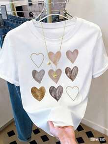 Camiseta de mujer con corazones multicolores Verano 2026 Holgada y versátil - Blanco - Ver 1