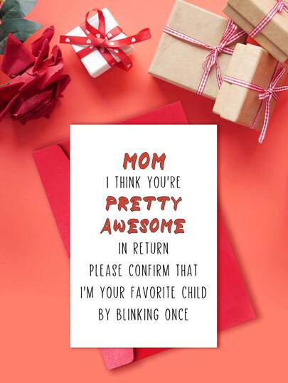 1张趣味母亲节贺卡，附信封 - “确认我是你最爱的孩子”和“妈妈，你真棒！”幽默温馨的贺卡，送给妈妈的独特生日礼物，子女赠送，内页空白。