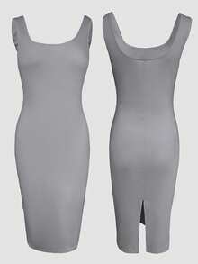 ChicMe 2pcs Women's U-Neck Open Back Fitted Knit Dress & Pearl Button Front Casual Ribbed Baseball Jacket Set, Suitable For Daily Office Wear - Grey - View 5