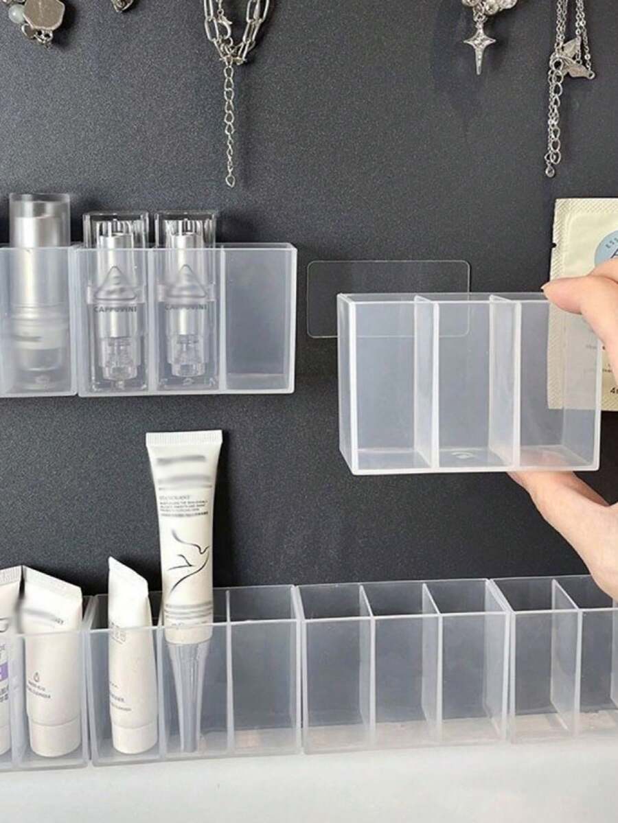 1pc Wall-Mounted Compartment Mirror Cabinet, No Drilling Required, Small Items Organizer Box For Tweezers, Scissors, Eyebrow Pencils, Makeup Brushes, Lipstick - View 1