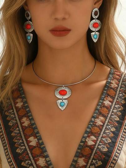 2pcs Vintage Chic Alloy Inlaid Women Pendant Choker Earrings Jewelry Set, Suitable For Festivals, Parties, And Daily Matching