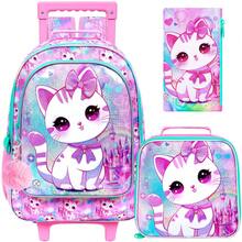 3PCS Girls Rolling Backpack, Cute Cat Roller Wheels Kids Bookbag - Wheeled Elementary School Bag - Cat - Pink - View 11