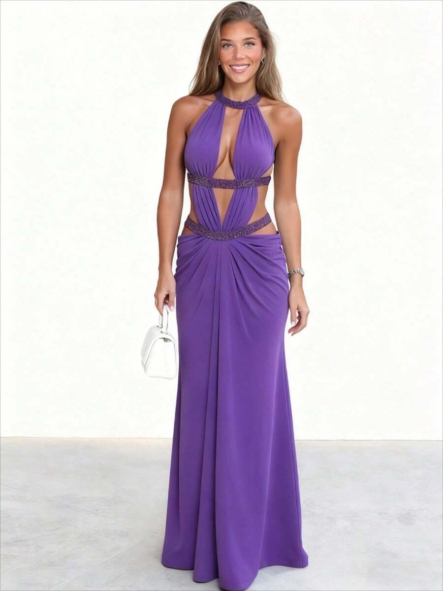 Light Luxury Celebrity Style Solid Color Neck Deep V Dress Women, Hot Diamond Hollow Bubble Sleeves Waist Slim Dress - 紫色 - 查看 1