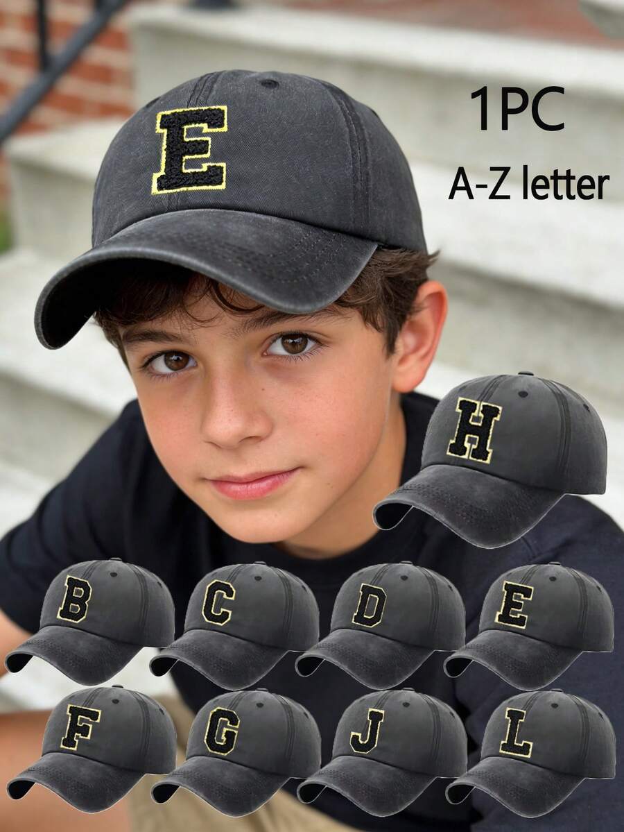 1 pieza Gorra de béisbol lavada con estampado de 26 letras para niños, adecuada para niños y niñas para protección solar diaria al aire libre - Negro - Ver 1