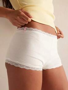 Women Micro Pajama Shorts Lace Trim Low Rise Pj Boyshorts Y2k Boxer Sleep Lounge Shorts Lace Boyshorts Panties Underwear - White - View 2