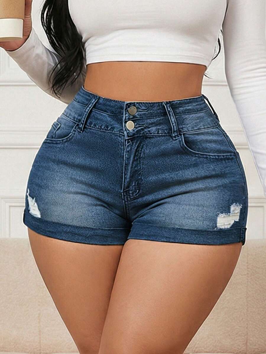 Women's High-Waisted Stretch Denim Shorts | Curvy-Fit Butt-Lifting Double-Button Rolled-Cuff Hot Pants - Rửa tối - Xem 1