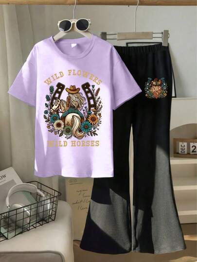 2pcs/Set Girl Summer Tops And Shorts, Loose Fit Short Sleeve T-Shirt , Casual & Minimalist Style,Suitable For School/Sports/Outdoor