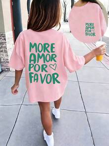 少女休闲趣味印花圆领短袖T恤，夏季上衣 - 粉色 - 查看 4