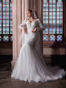 QOQ 优雅浪漫白色网纱深V领蕾丝长袖新娘婚纱礼服 - 白色 - 查看 6