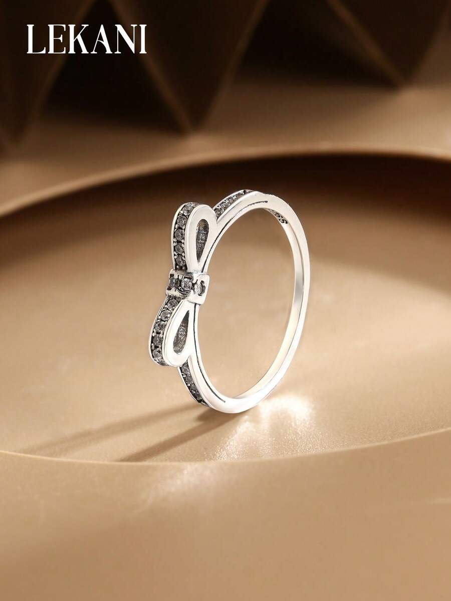 1pc S925 Sterling Silver Bowknot Cubic Zirconia Plated Gold Ring, Fashion Minimalist Jewelry Gift For Women, Mothers, Girlfriends, Friends, Versatile Daily Wear - Silver - View 1