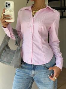 Áo sơ mi dài tay kẻ sọc buộc dây phía sau phong cách Y2K mùa hè dành cho nữ của Sunny Girly, kiểu dáng preppy màu hồng, phù hợp cho công sở, dạo phố và đi làm. - Hồng - Xem 2