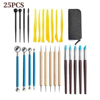 25-Piece Set Of Pottery Tools For Soft Clay Sculpture - Knife, Rod, And Carving Tools For Pottery Art Crafts, Baking, Drawing, Pen, Figurine, DIY Clay, Stone Molding Tools - Pottery Tool Set