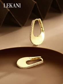 1 Pair S925 Sterling Silver Earrings, Cubic Zirconia Polished U-Shape Earrings, Lightweight Luxury European And American Unique INS Niche Fashion Gold Color Jewelry Gift For Women - Gold - View 3