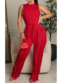 CALEBGAR Women's Sexy Party Knitted Sleeveless High Neck Tunic Top And Fringe Detail Pants Two Piece Outfit - Đỏ - Xem 2