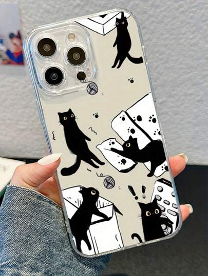 可爱调皮黑猫透明防摔镜头保护TPU手机壳，兼容苹果15 Pro Max