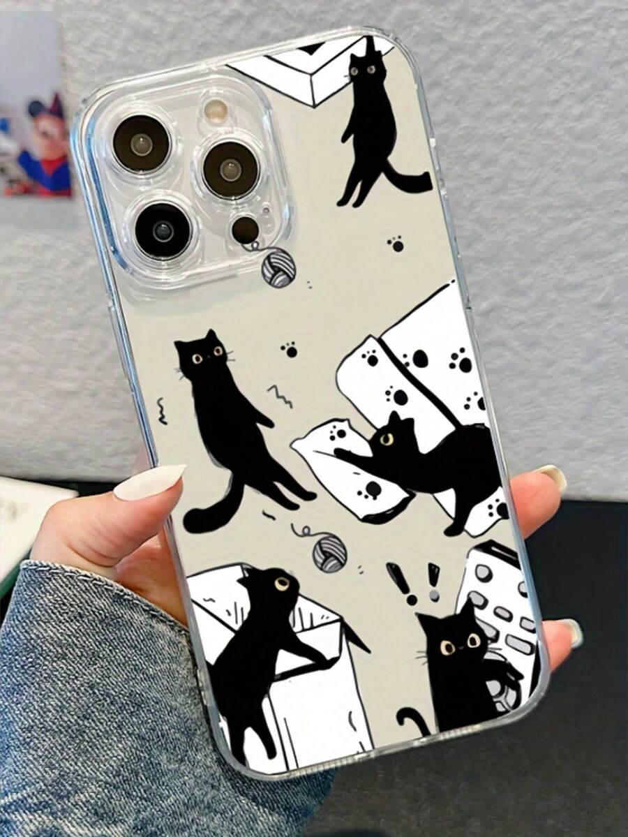 可爱调皮黑猫透明防摔镜头保护TPU手机壳，兼容苹果15 Pro Max - 無色 - 查看 1