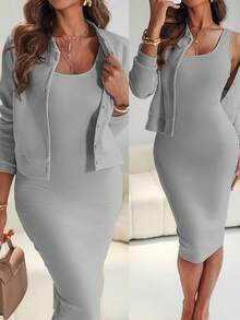 ChicMe 2pcs Women's U-Neck Open Back Fitted Knit Dress & Pearl Button Front Casual Ribbed Baseball Jacket Set, Suitable For Daily Office Wear - Grey - View 4