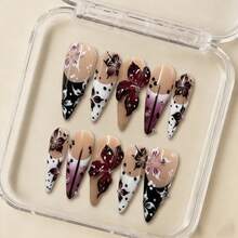 Mnails 10 PCS Handmade Stiletto Press-On Nails, Purple & Black Floral Medium Length, Pure Handmade Fake Nails With 3D Wine Red Flowers, Polka Dots & Rhinestone Accents, Wearable Nail Tips - 彩色 - 查看 3