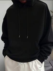 Solid Color Sweatshirt Men's Hoodie Women's Simple Casual Solid Color Pullover Hooded Long Sleeve Hoodie With Drawstring Oversize Fall Clothes Winter Clothes Lover's Gift Valentine's Day Gift - màu đen - Xem 2