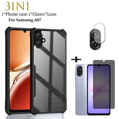 三合一A07/A17手机壳套装，包含：1. 防摔磨砂透明手机壳；2. 9H硬度防窥钢化玻璃屏幕保护膜；3. 三片装镜头保护膜。适用于游戏、户外活动、学校、旅行等多种场景，安装简便。