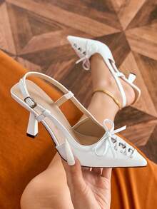 European And American Chic Versatile Red Patent Leather Pointed Toe Bow Slip-On Shoes - White - View 3