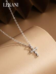 LEKANI 1pc S925 Sterling Silver Necklace,cross Pendant With Colorless Cubic Zirconia In Unique Minimalist Style,match All Outfits, Ideal Gift For Anniversary, Birthday And Daily Wear, Perfect For Besties And Girlfriends - Silver - View 5