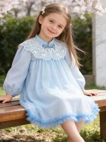 mini bala Infant Girls' Embroidered Mesh Dress, Chinese Style, Soft & Sweet, Spring 2026 Collection - Light Blue - View 2